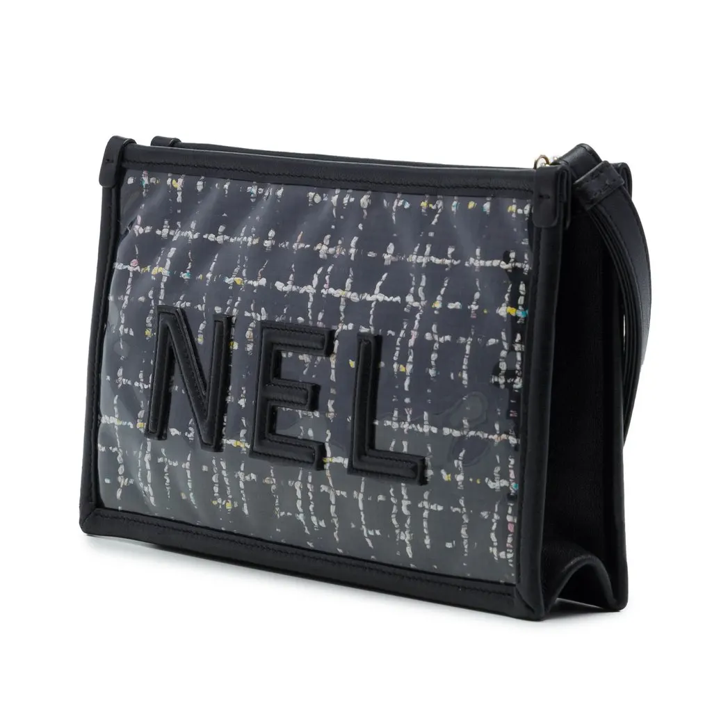 Chanel Large Quilted Tweed PVC Logo Wristlet Clutch Black Very good - Back View
