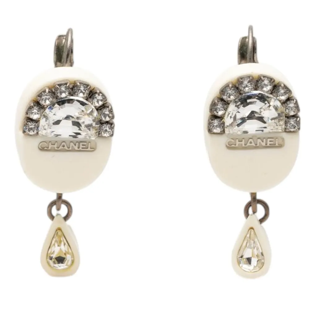 Chanel Resin Strass Rain Drop Clip On Earrings White Plastic Very good - Front View