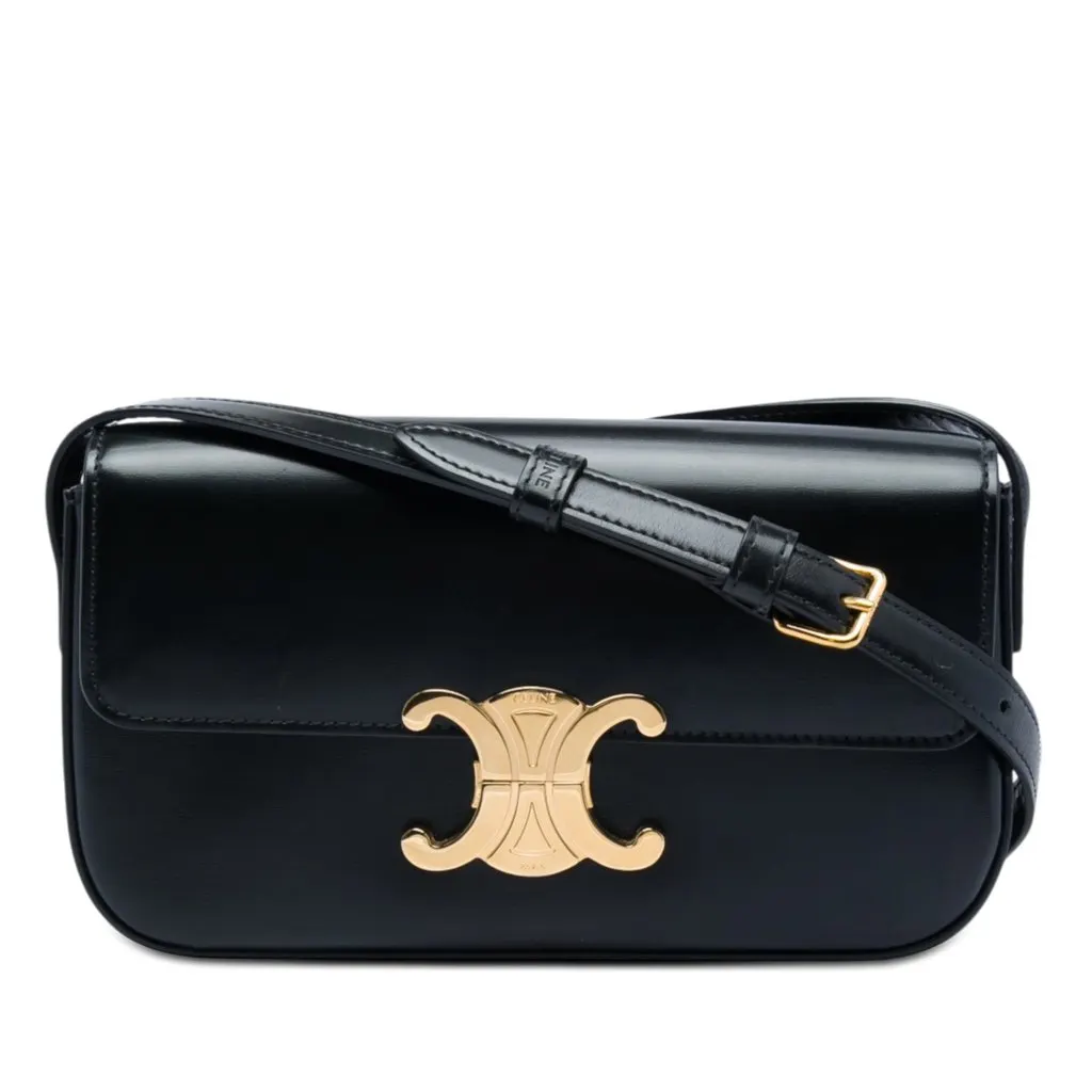 Celine Shiny Calfskin Triomphe Claude Shoulder Bag Black Leather Very good - Front View