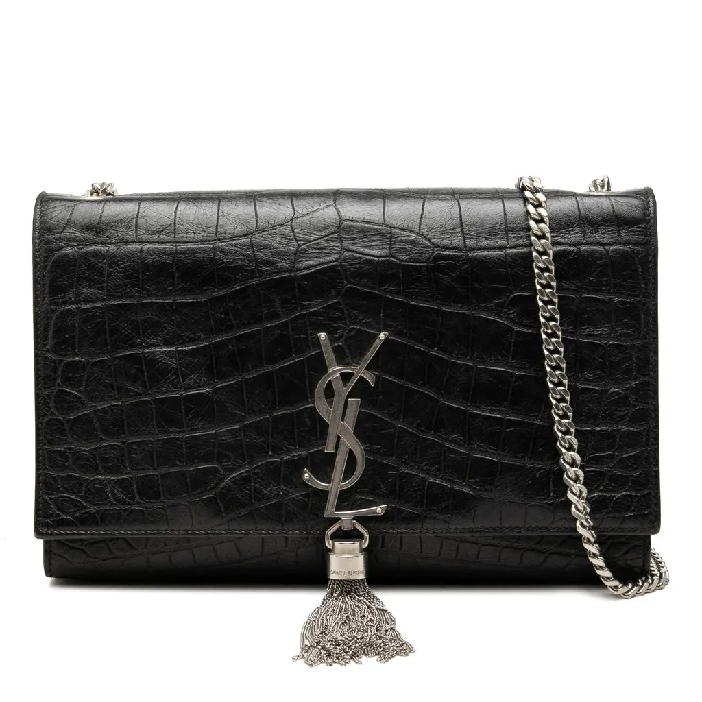 Saint Laurent Medium Croc Embossed Leather Monogram Kate Tassel Crossbody