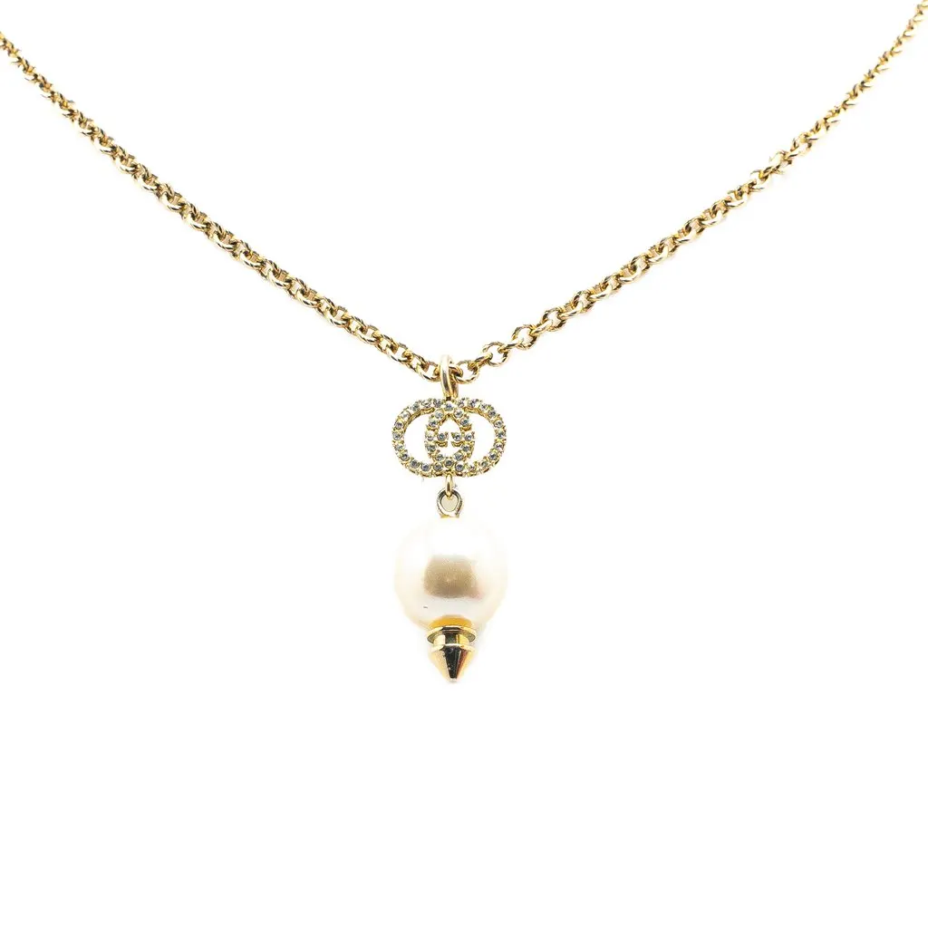 Gucci Gold Plated GG Faux Pearl Drop Pendant Necklace Gold Metal Very good - Front View