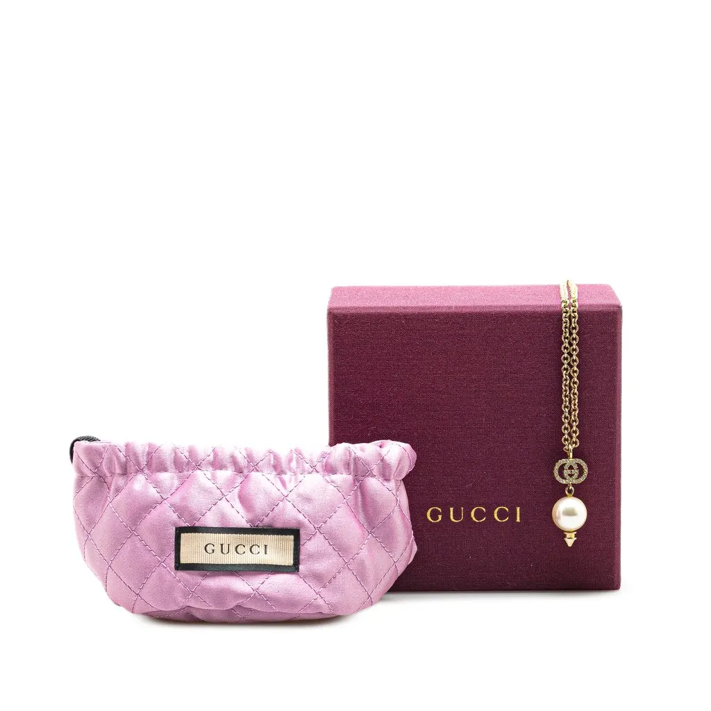 Gucci Gold Plated GG Faux Pearl Drop Pendant Necklace Gold Metal Very good - Box View