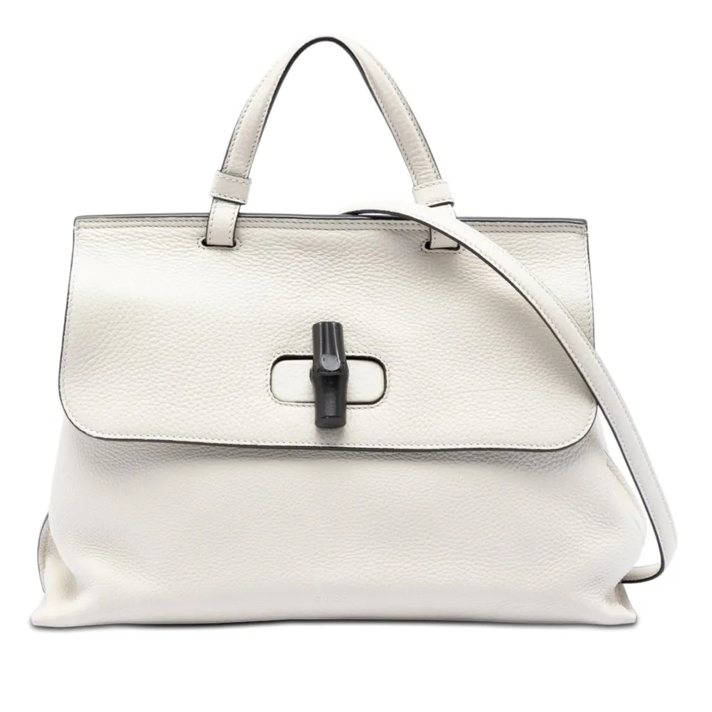Gucci Medium Leather Bamboo Daily Satchel White Leather Very good - Front View
