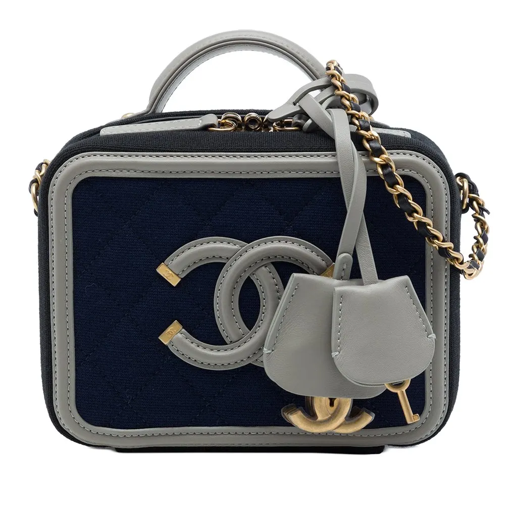 Chanel Small Tricolor Jersey CC Filigree Vanity Case Blue Cotton Very good - Front View