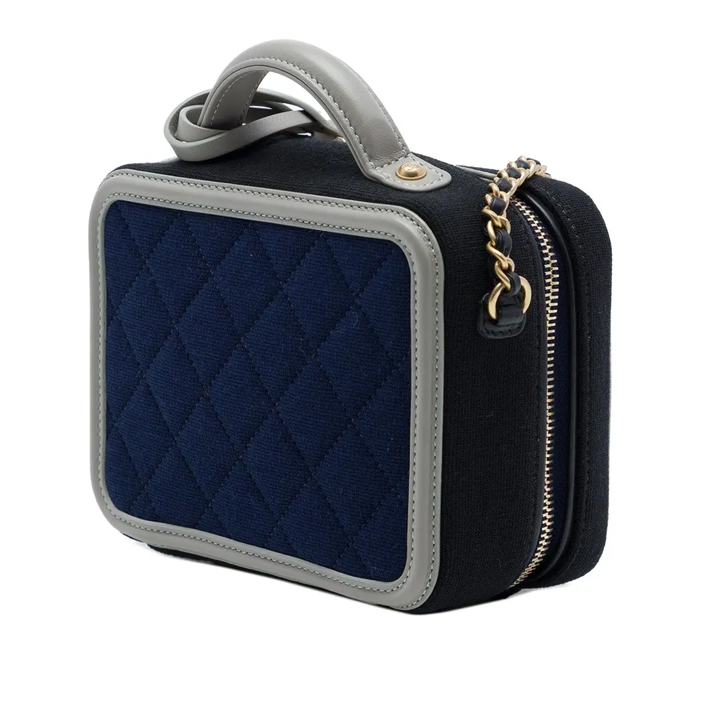 Chanel Small Tricolor Jersey CC Filigree Vanity Case Blue Cotton Very good - Back View