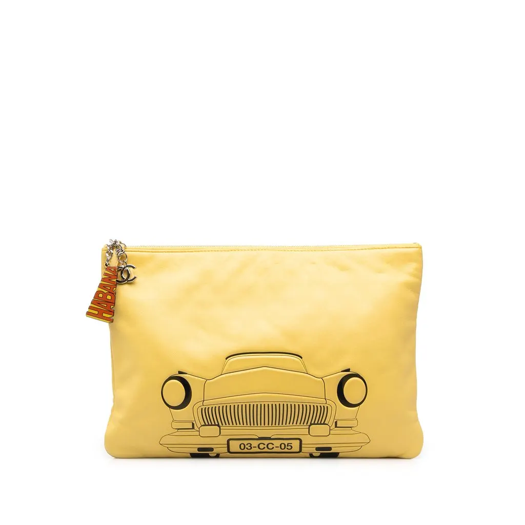 Chanel Large Printed Lambskin La Habana O Case Clutch Yellow Leather Good - Front View