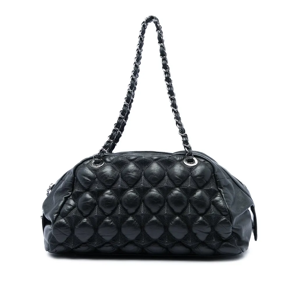 Chanel Lambskin Bubble Quilt Bowling Bag Black Leather Good - Front View