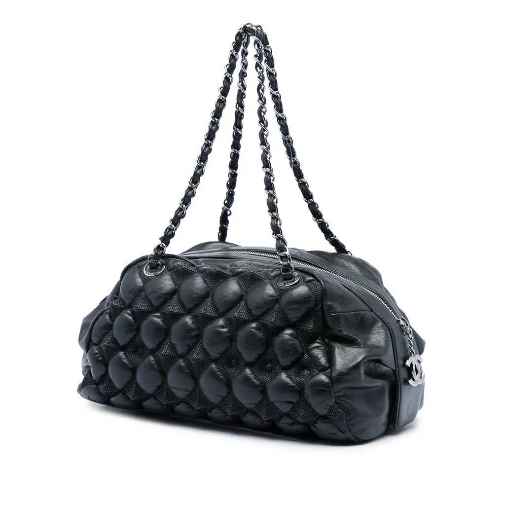 Chanel Lambskin Bubble Quilt Bowling Bag Black Leather Good - Back View