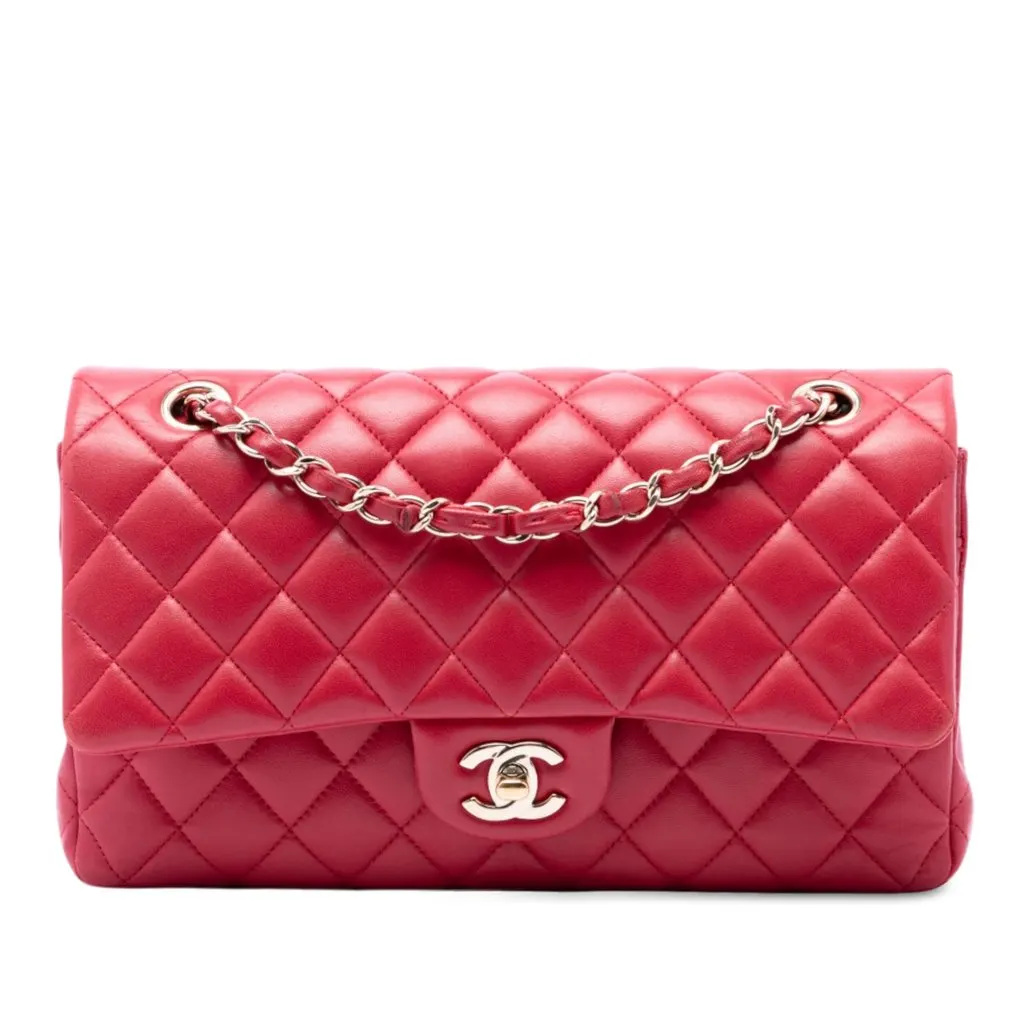 Chanel Medium Classic Lambskin Double Flap Red Leather Very good - Front View