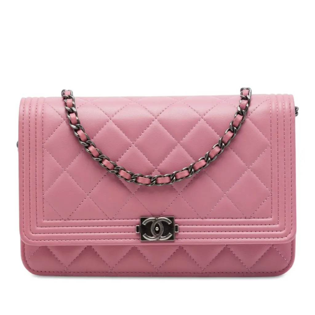 Chanel Quilted Lambskin Boy Wallet On Chain Pink Leather Very good - Front View