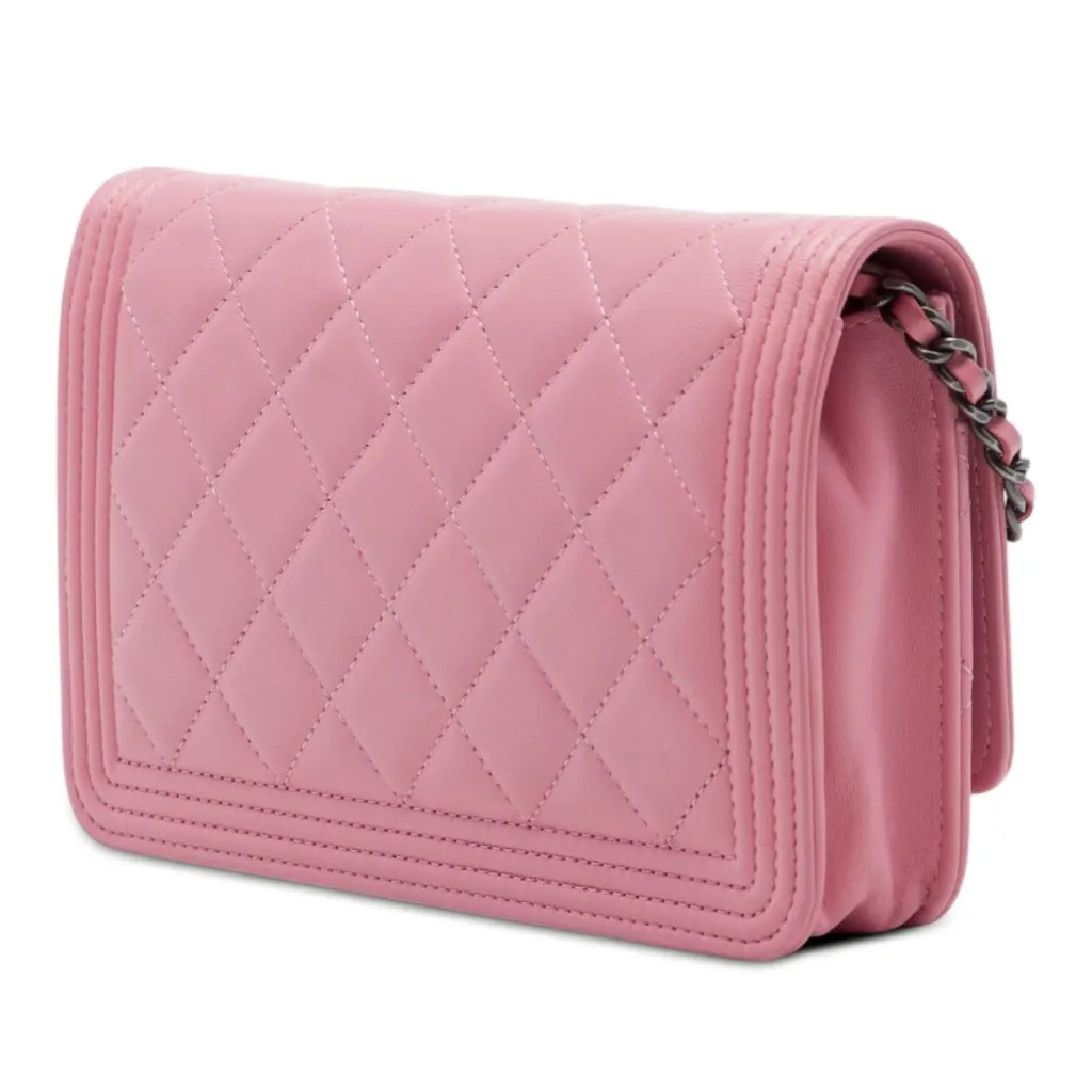 Chanel Quilted Lambskin Boy Wallet On Chain Pink Leather Very good - Back View