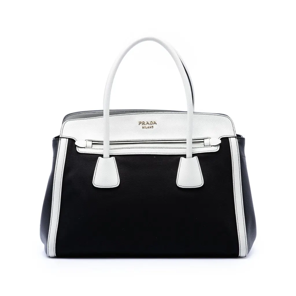 Prada Bicolor Saffiano Cuir Trimmed Canvas Satchel Black Very good - Front View