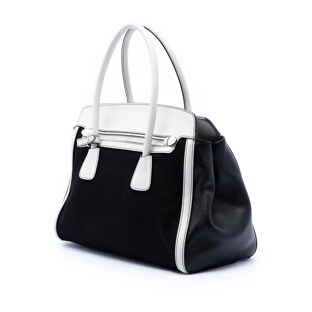 Prada Bicolor Saffiano Cuir Trimmed Canvas Satchel Black Very good - Back View