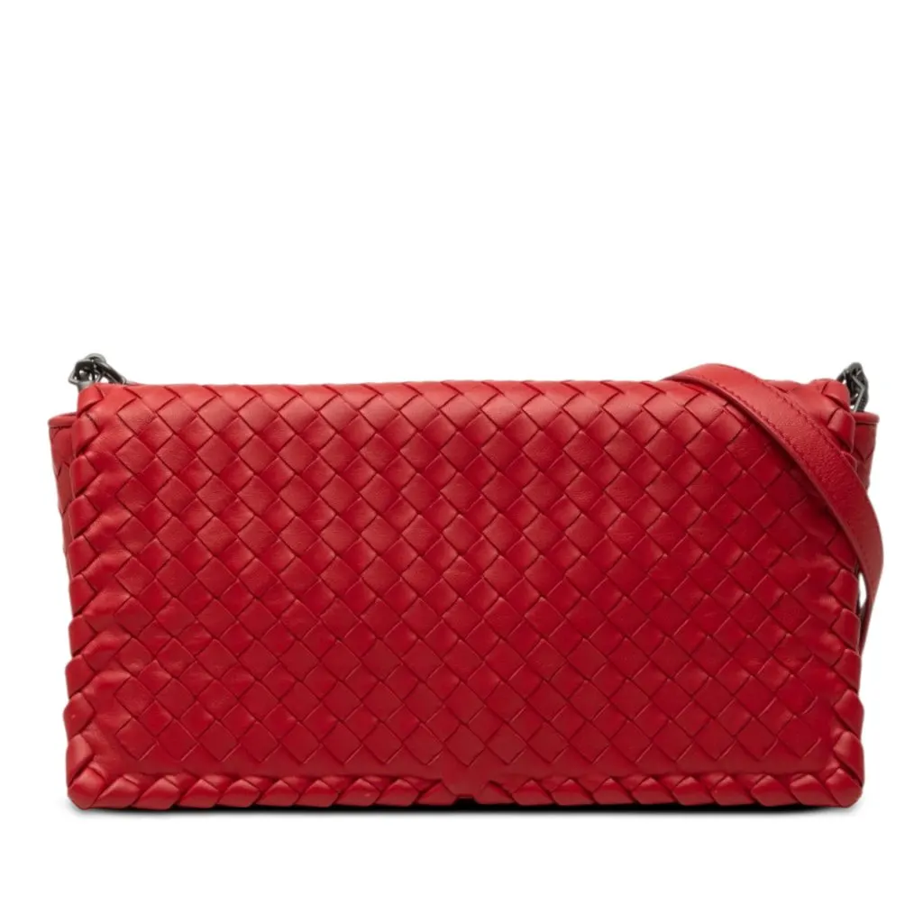 Bottega Veneta Nappa Intrecciato Flap Crossbody Red Leather Very good - Front View