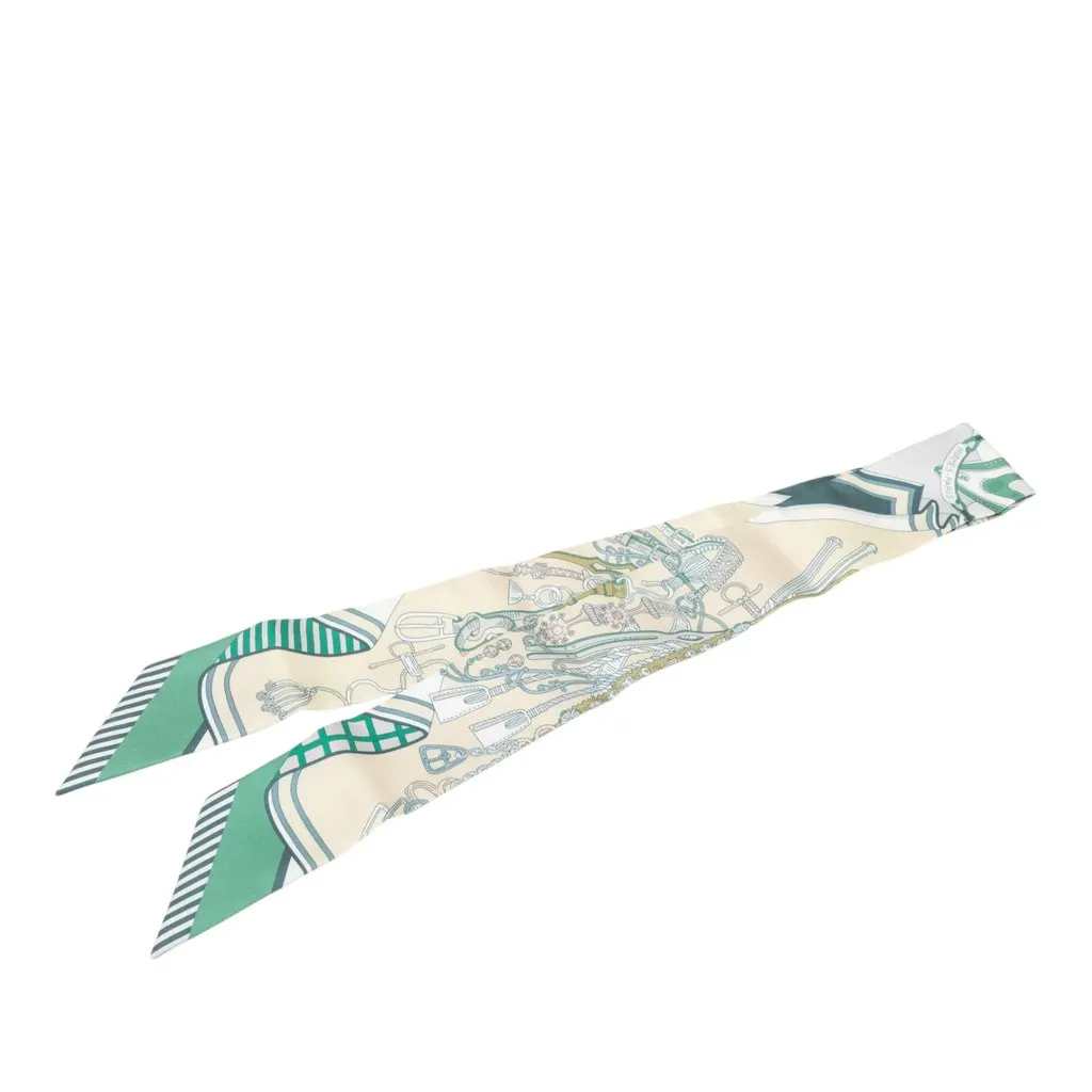 Hermès Bouquets Sellier Silk Twilly Scarf Beige Very good - Front View