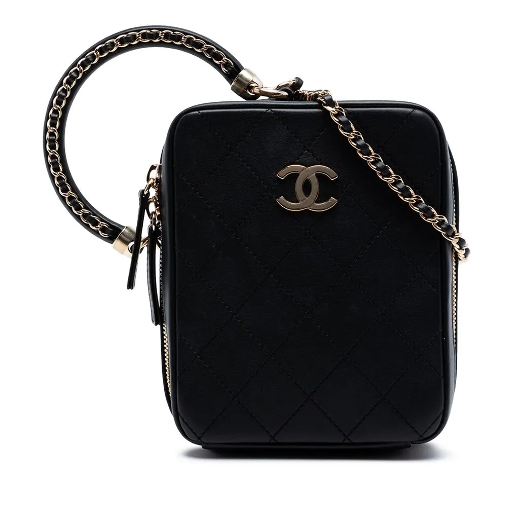 Chanel Calfskin Stitched Cup Of Tea Vanity Case Black Leather Very good - Front View