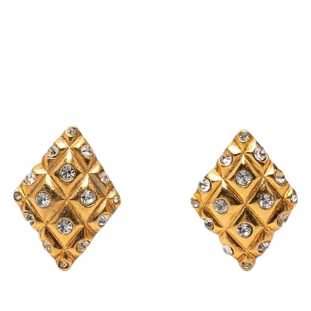 Chanel CC Gold Plated Strass Quilted Rhombus Clip On Earrings Gold Metal Very good - Front View