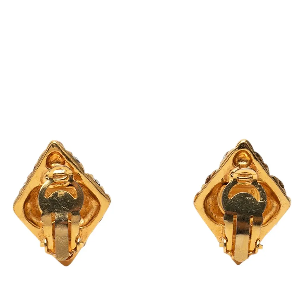 Chanel CC Gold Plated Strass Quilted Rhombus Clip On Earrings Gold Metal Very good - Back View