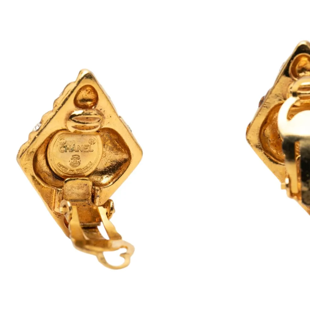 Chanel CC Gold Plated Strass Quilted Rhombus Clip On Earrings Gold Metal Very good - Inside View
