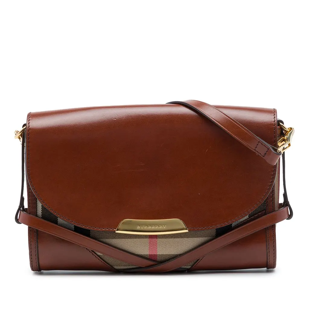 Burberry Leather and House Check Canvas Bridle Abbott Crossbody Brown Leather Very good - Front View