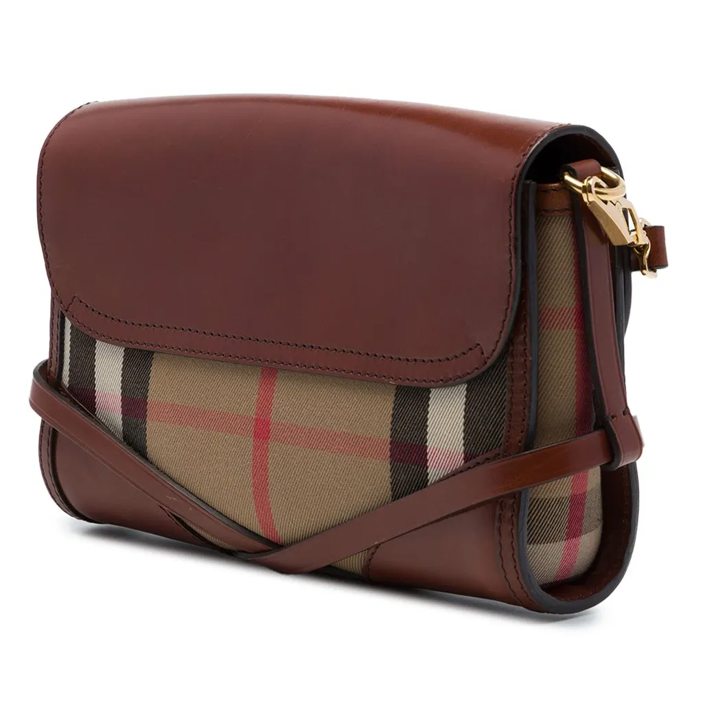 Burberry Leather and House Check Canvas Bridle Abbott Crossbody Brown Leather Very good - Back View