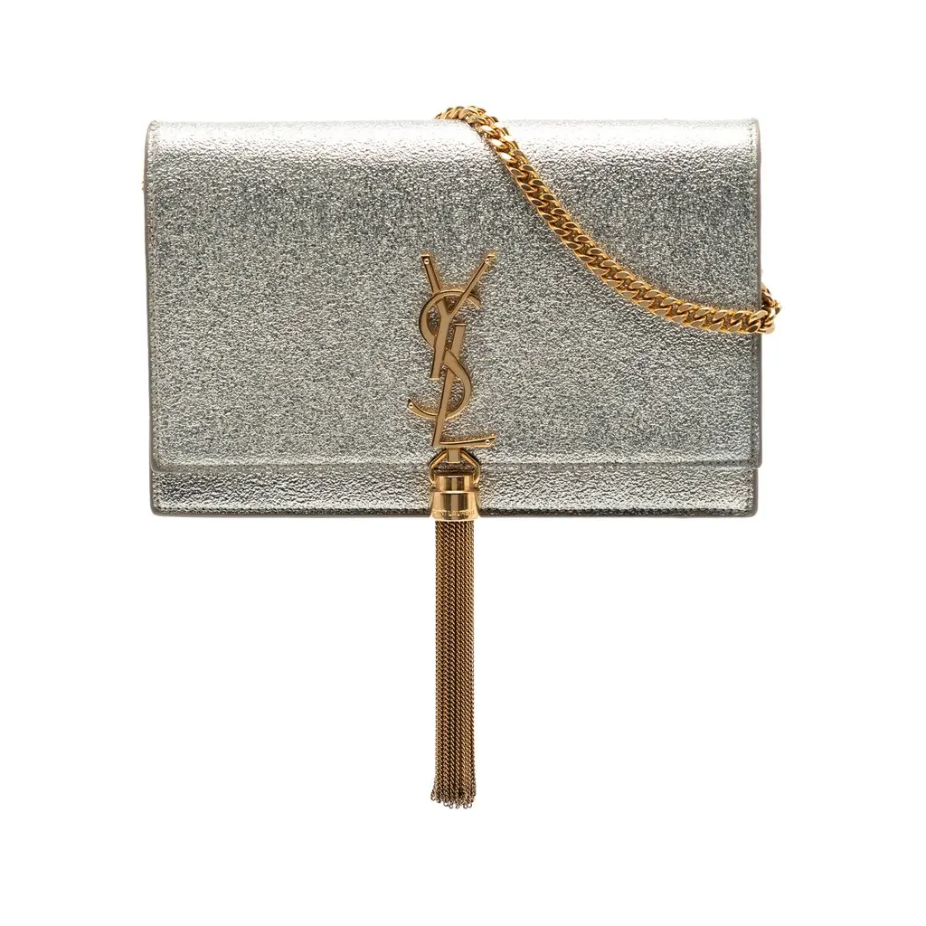 Saint Laurent Small Metallic Kate Tassel Wallet On Chain Silver Leather Very good - Front View