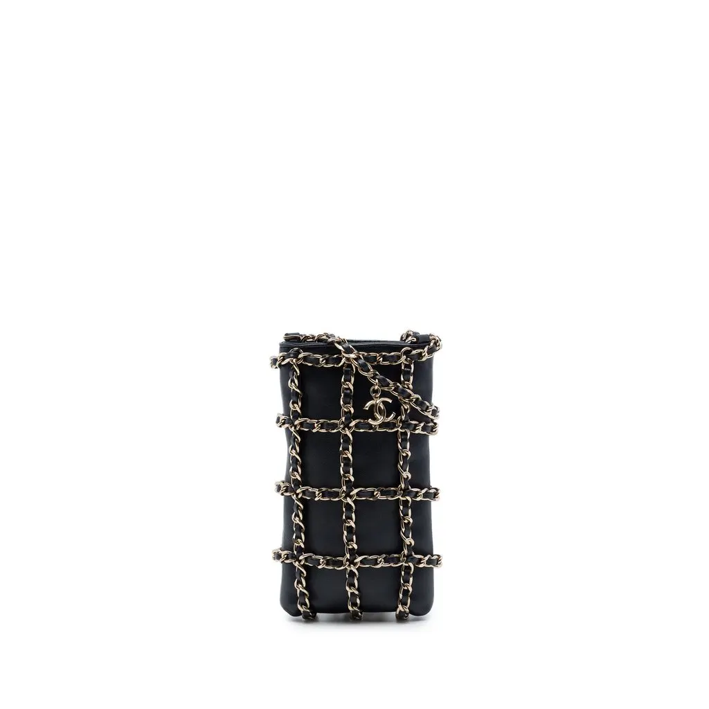 Chanel Lambskin Tech Me Out Clutch With Chain Black Leather Very good - Front View