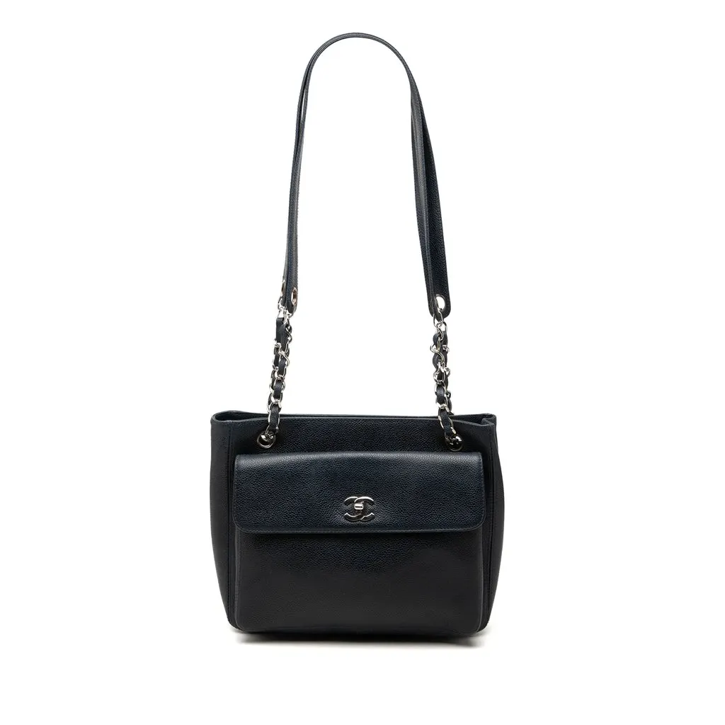 Chanel CC Caviar Front Pocket Shoulder Bag Blue Leather Good - Front View