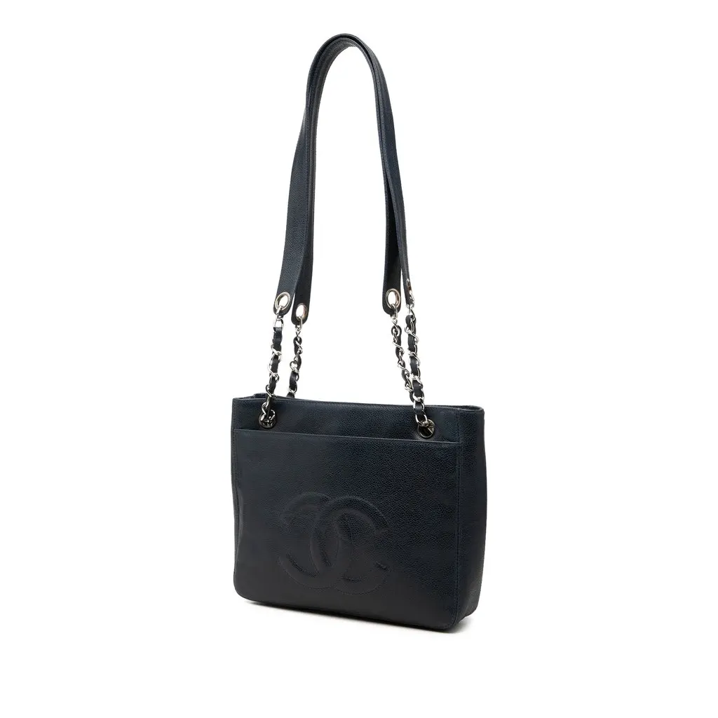 Chanel CC Caviar Front Pocket Shoulder Bag Blue Leather Good - Back View