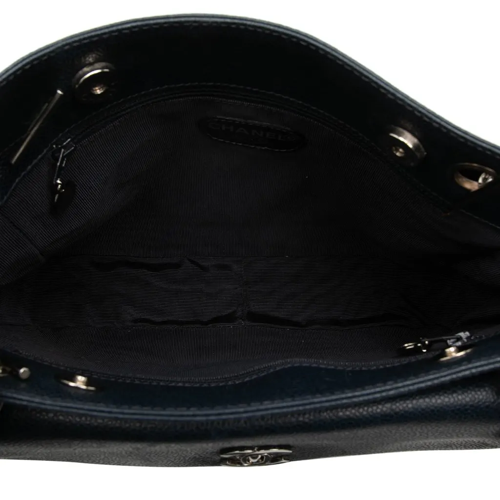 Chanel CC Caviar Front Pocket Shoulder Bag Blue Leather Good - Model View