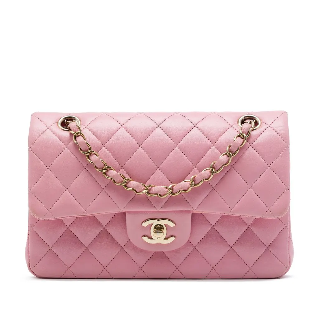 Chanel Small Classic Lambskin Double Flap Pink Leather Very good - Front View