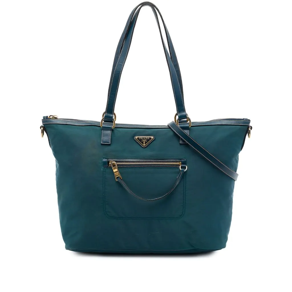 Prada Saffiano Trimmed Tessuto Front Zip Convertible Tote Blue Polyamide Good - Front View