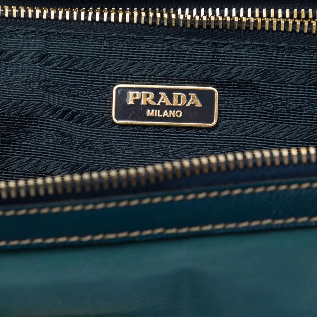 Prada Saffiano Trimmed Tessuto Front Zip Convertible Tote Blue Polyamide Good - Box View