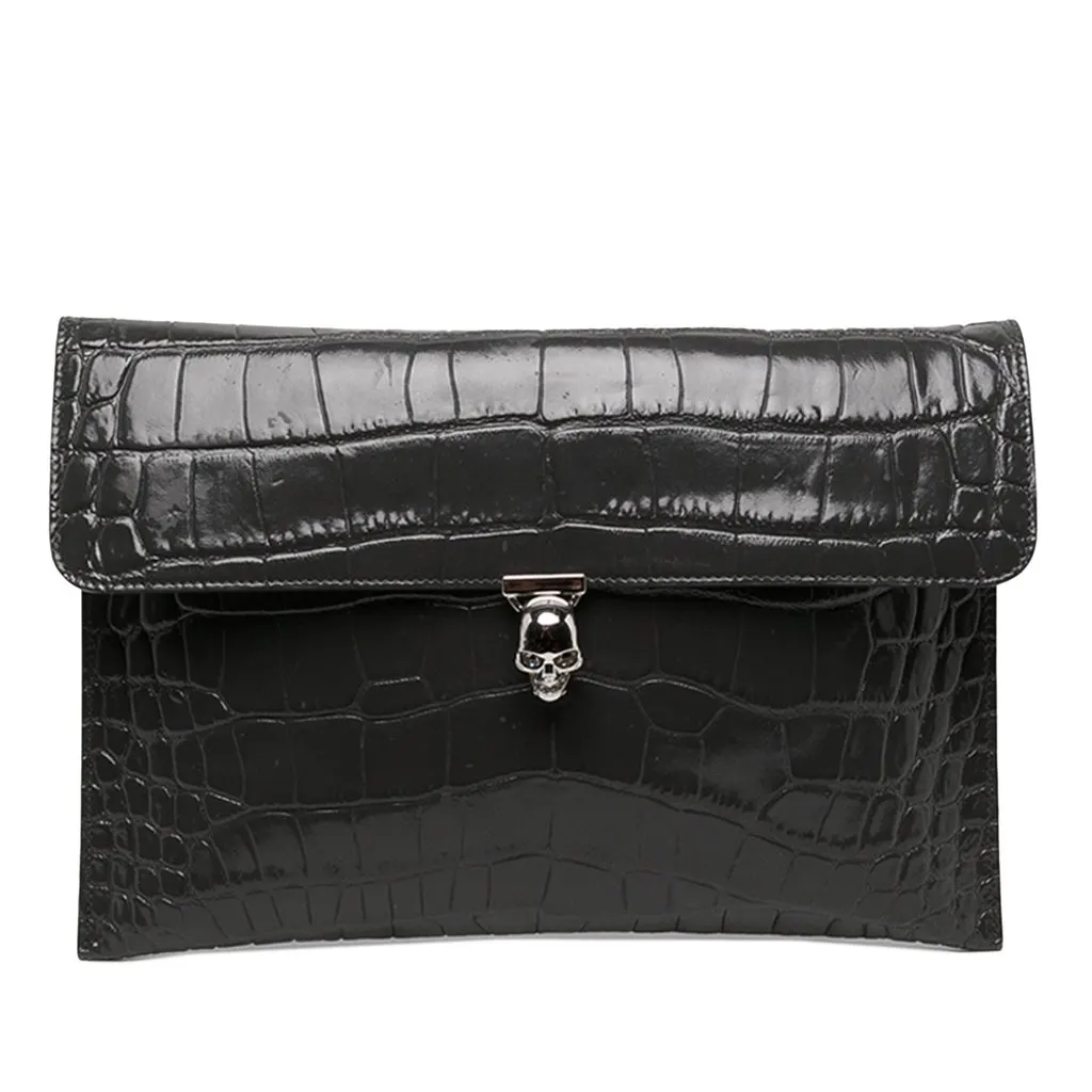Alexander McQueen Croc Embossed Leather Skull Clutch Black Leather Very good - Front View