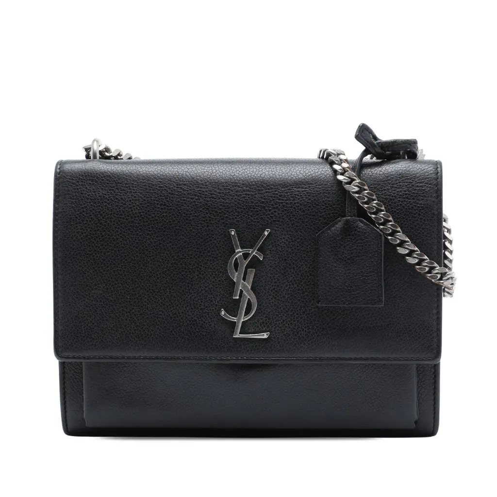 Saint Laurent Medium Grained Calfskin Monogram Sunset Crossbody Black Leather Very good - Front View