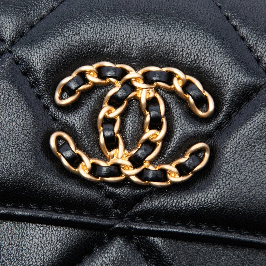 Chanel Quilted Lambskin 19 Flap Coin Purse With Chain Black Leather Very good - Box View