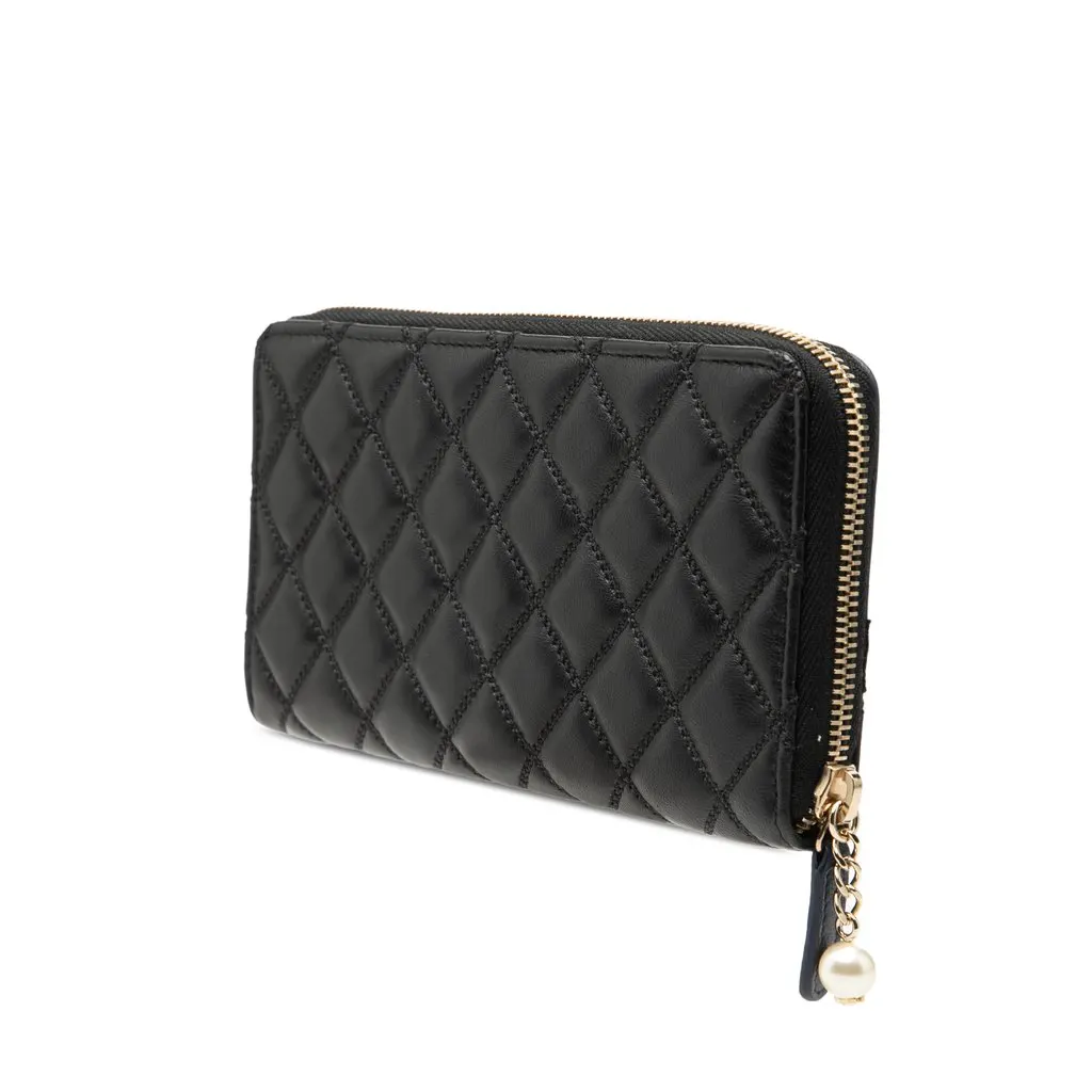 Chanel Bicolor Quilted Lambskin Faux Pearl Ribbon Long Wallet Black Leather Very good - Back View