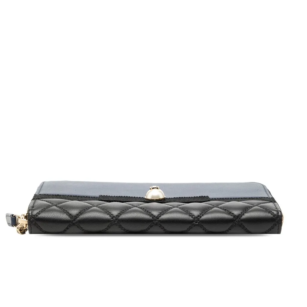 Chanel Bicolor Quilted Lambskin Faux Pearl Ribbon Long Wallet Black Leather Very good - Inside View