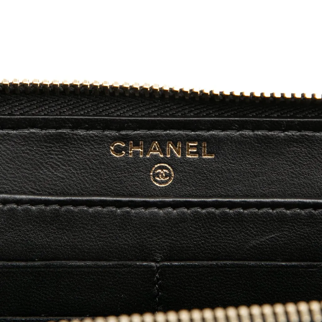 Chanel Bicolor Quilted Lambskin Faux Pearl Ribbon Long Wallet Black Leather Very good - Box View