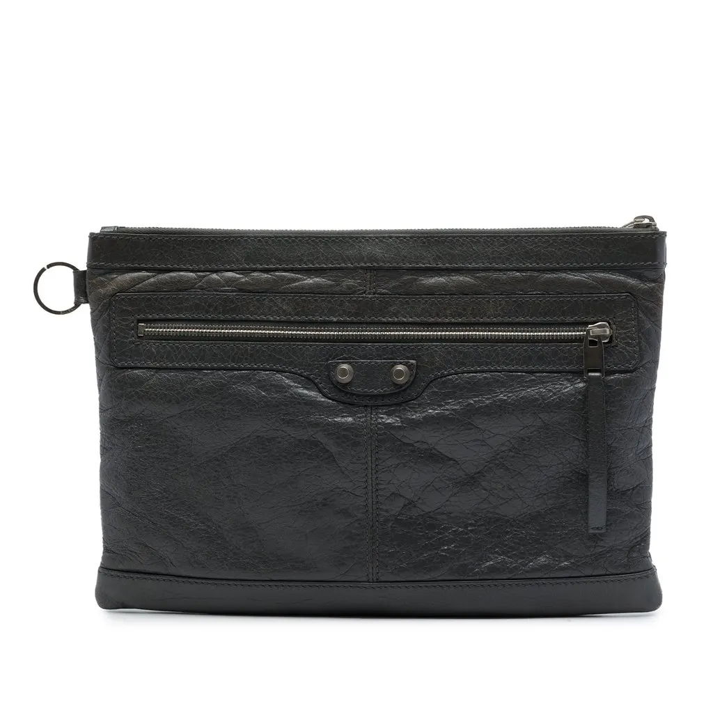 Balenciaga Lambskin Motocross Classic Clip Clutch M Black Leather Very good - Front View