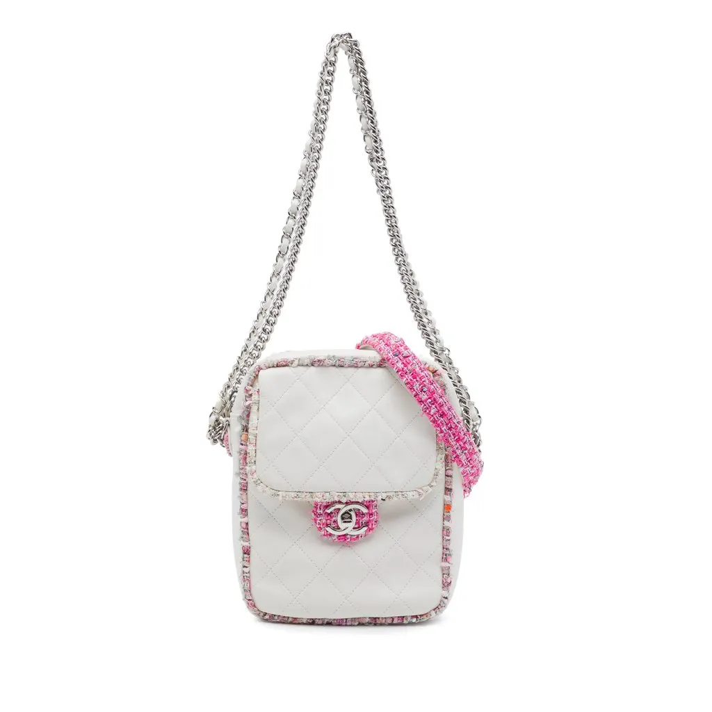 Chanel Quilted Lambskin and Tweed Elegant Satchel White Leather Very good - Front View