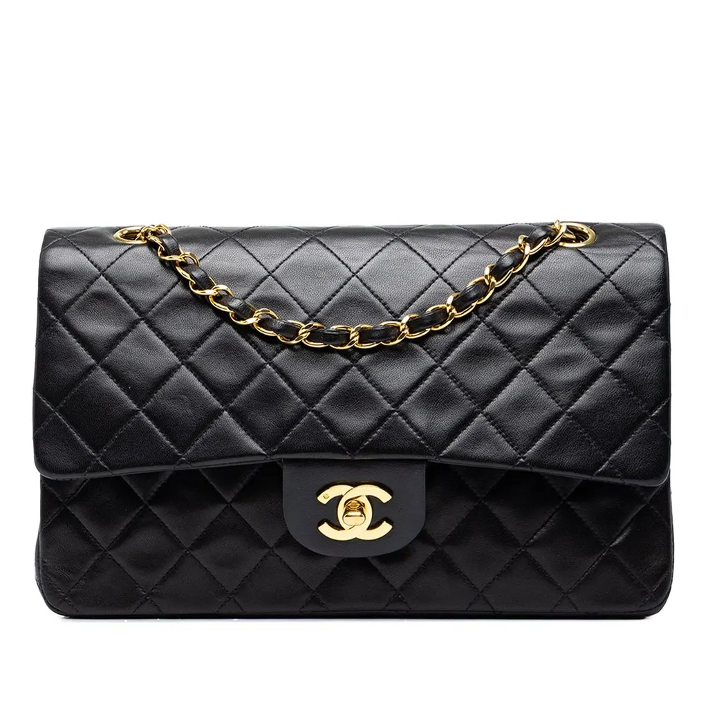 Chanel Medium Classic Lambskin Double Flap Black Leather Good - Front View