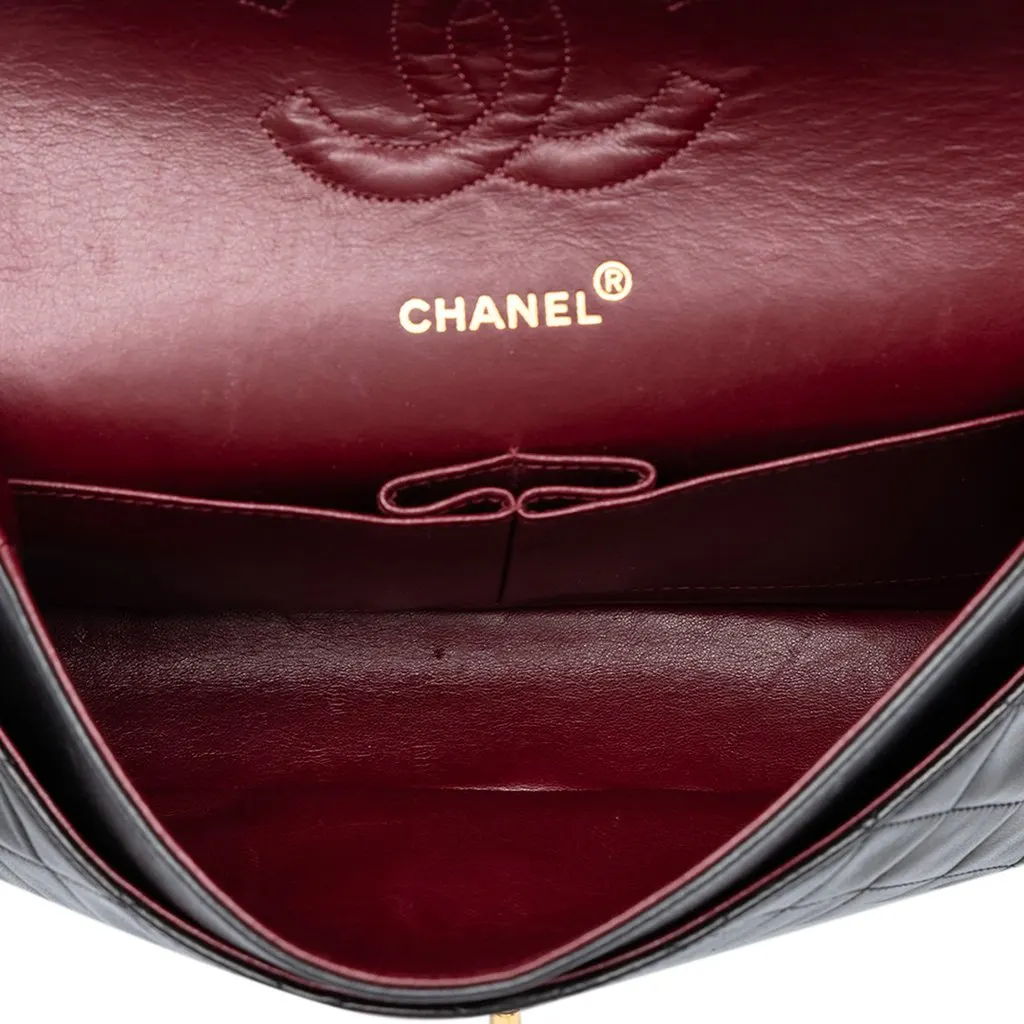 Chanel Medium Classic Lambskin Double Flap Black Leather Good - Model View