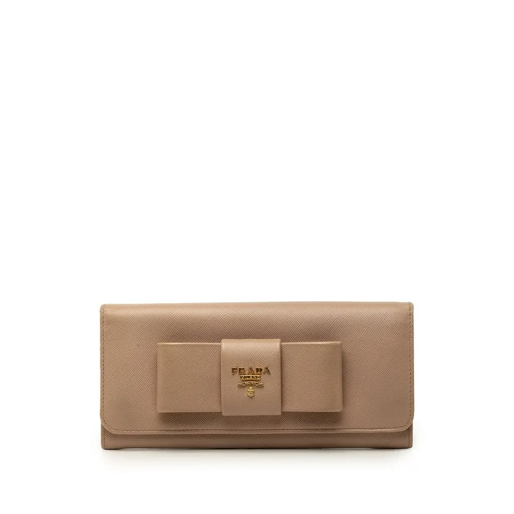 Prada Saffiano Bow Continental Long Wallet Brown Leather Very good - Front View