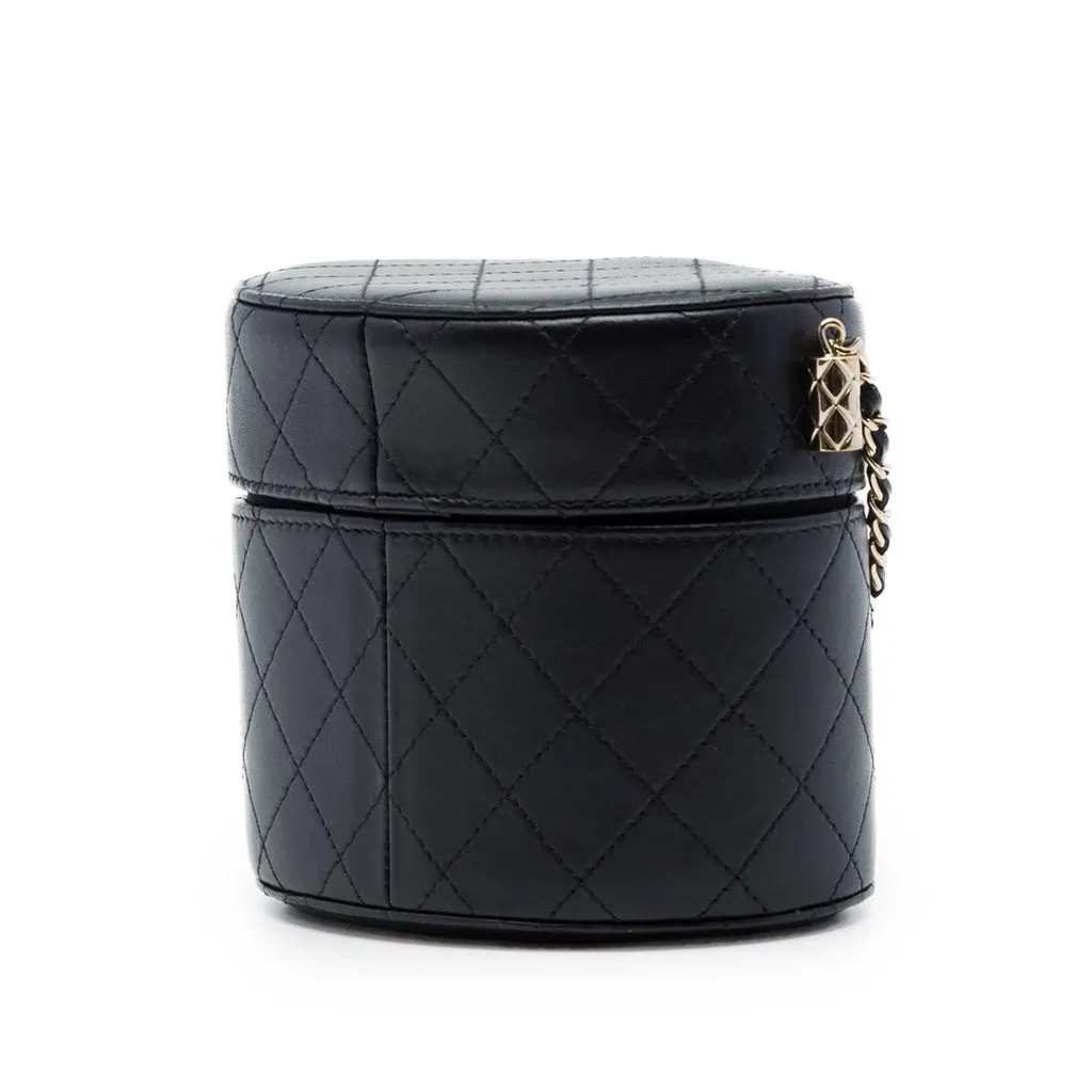 Chanel CC Quilted Lambskin Round Vanity Clutch With Chain Black Leather Very good - Back View