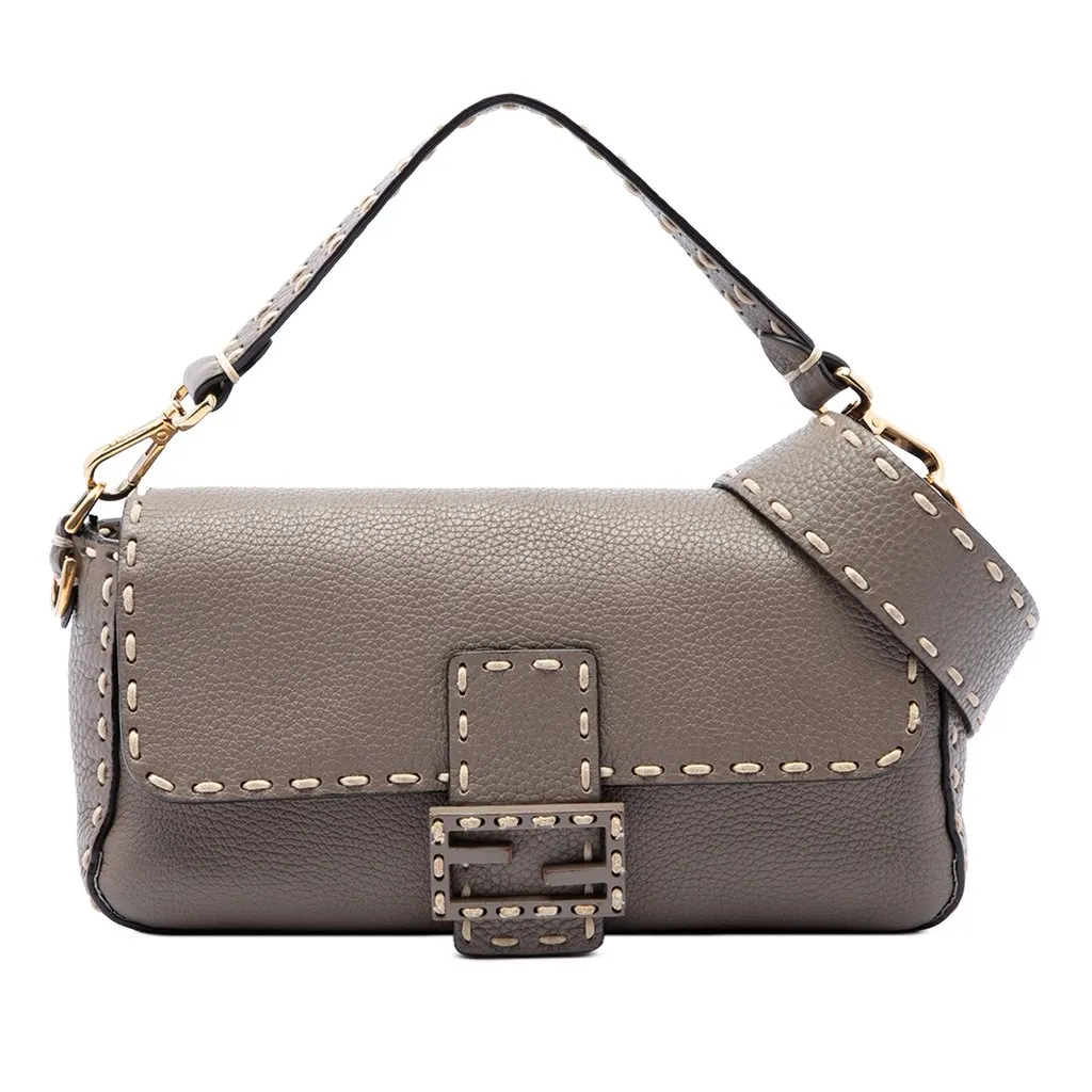 Fendi Medium Leather Selleria Baguette Satchel Brown Leather Good - Front View