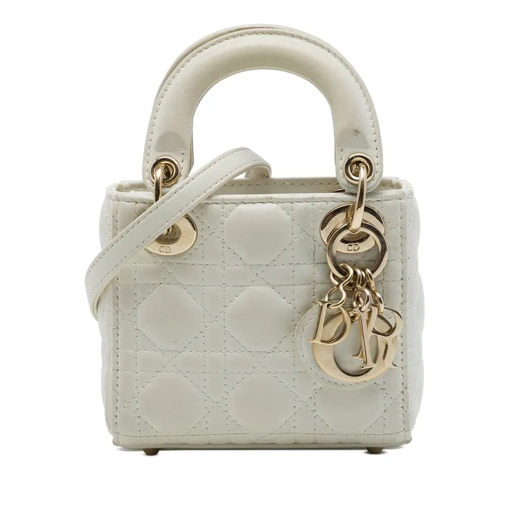 Dior Micro Lambskin Cannage Lady Dior White Leather Very good - Front View