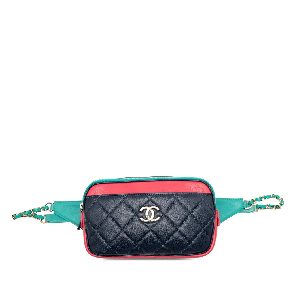 Chanel Tricolor Quilted Goatskin In and Out Belt Bag Blue Leather Very good - Front View