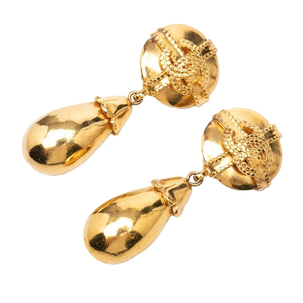 Chanel CC Gold Plated Dangle Clip On Earrings Gold Metal Very good - Front View
