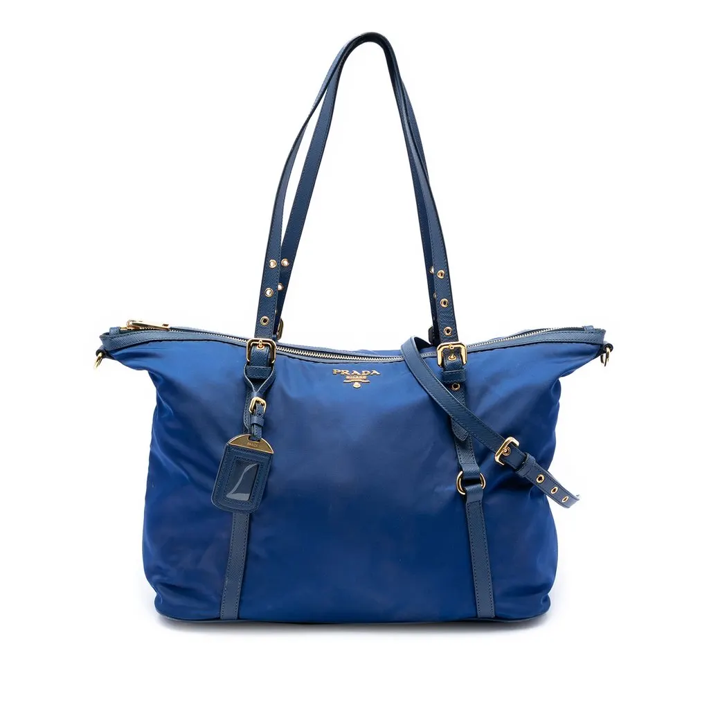 Prada Saffiano Trimmed Tessuto Satchel Blue Very good - Front View